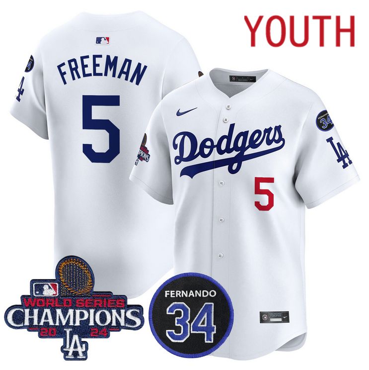 Youth MLB Los Angeles Dodgers #5 Freeman white 2024 World Series Champions Patch Limited Jersey